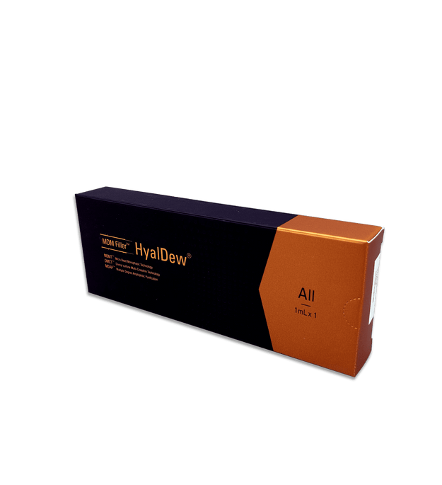 HyalDew All Lido medium-density hyaluronic acid filler with Lidocaine for fine line reduction and moderate volume.