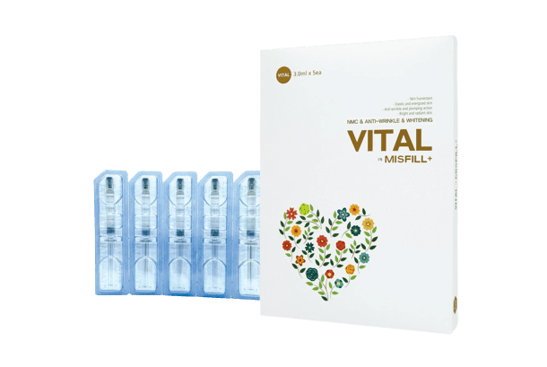 Misfill+ Vital hyaluronic acid skin rejuvenation solution for hydration and elasticity.