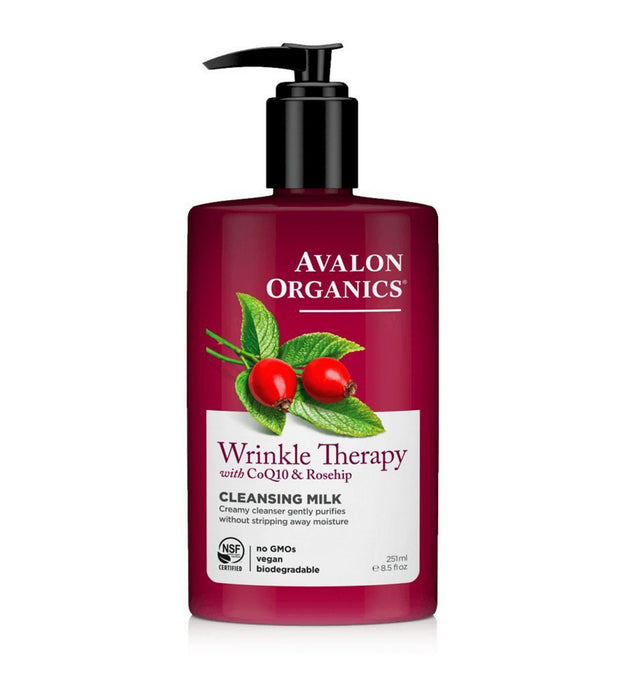 Terapia de rugas Avalon Organics com CoQ10 e leite de limpeza de Rosa Mosqueta