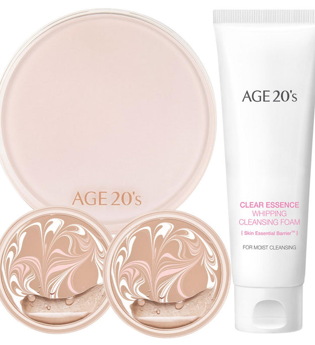 حافظة Age2wen's Glow Glass Essence Cover Pact + عبوة 2p + مجموعة رغوة التنظيف