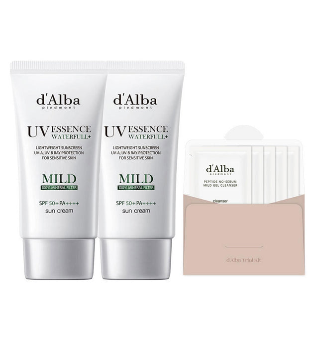 Dalba Vegan Waterful Crema solare delicata SPF 50+ PA++++ 50 ml x 2p + Set gel detergente leggermente acido 15 ml