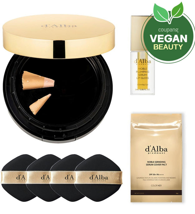 Dalba Noble Grinding Serum Cover Pact N. 21 Originale 20g + Ricarica 20g + Puff 4p + Set Lucidalabbra Rimpolpante