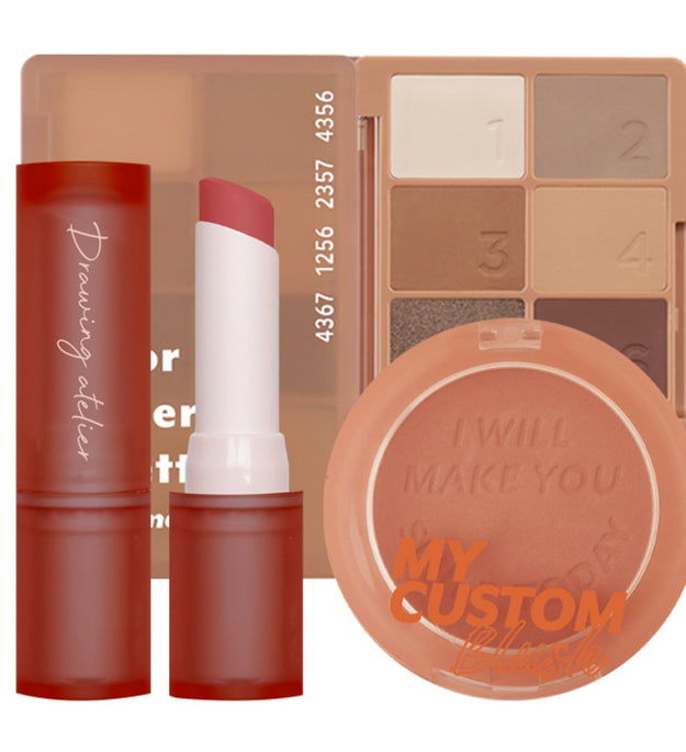 I'M MEME Valentine Chocolate Autumn Warm Tone Makeup Palette 03 Sand Pattern + Blush 05 Vintage Coral + Velvet Lipstick 08 Enchanted Gift Set