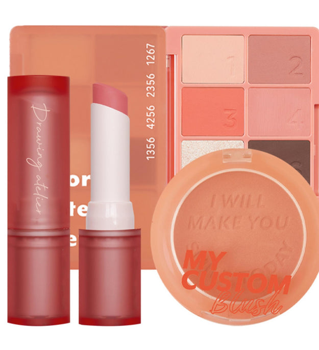 I'M MEME Valentine Fresh Juicy Spring Warm Tone Makeup Palette 01 Coral Pattern + Blush 02 Bare Peach 6g + Lipstick 07 Koji 3,5g Set
