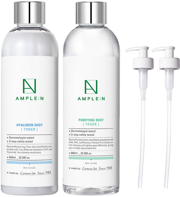 Coreana Ampoule N Hyaluron Shot Toner grande capacité 600 ml + Toner purifiant Shot grande capacité 600 ml + Pompe toner