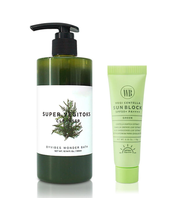 Wonder Bath Super Vegetox Cleanser Green 300ml + Veggie Centella Sunblock 10g Set