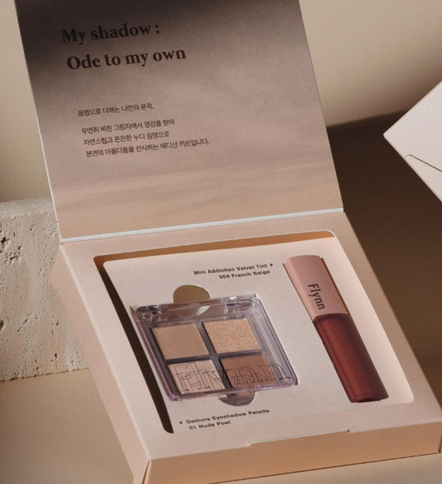 Flynn Mini Nudie Edition Demuir Lidschatten-Palette 01 Nude Poet + Mini Addiction Velvet Tint 204 French Beige + Flynn Einkaufstasche