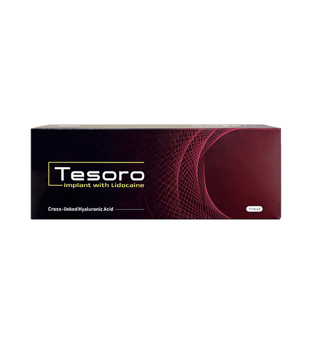 TESORO IMPLANT with LiDO high-density hyaluronic acid filler for deep contouring and facial sculpting.