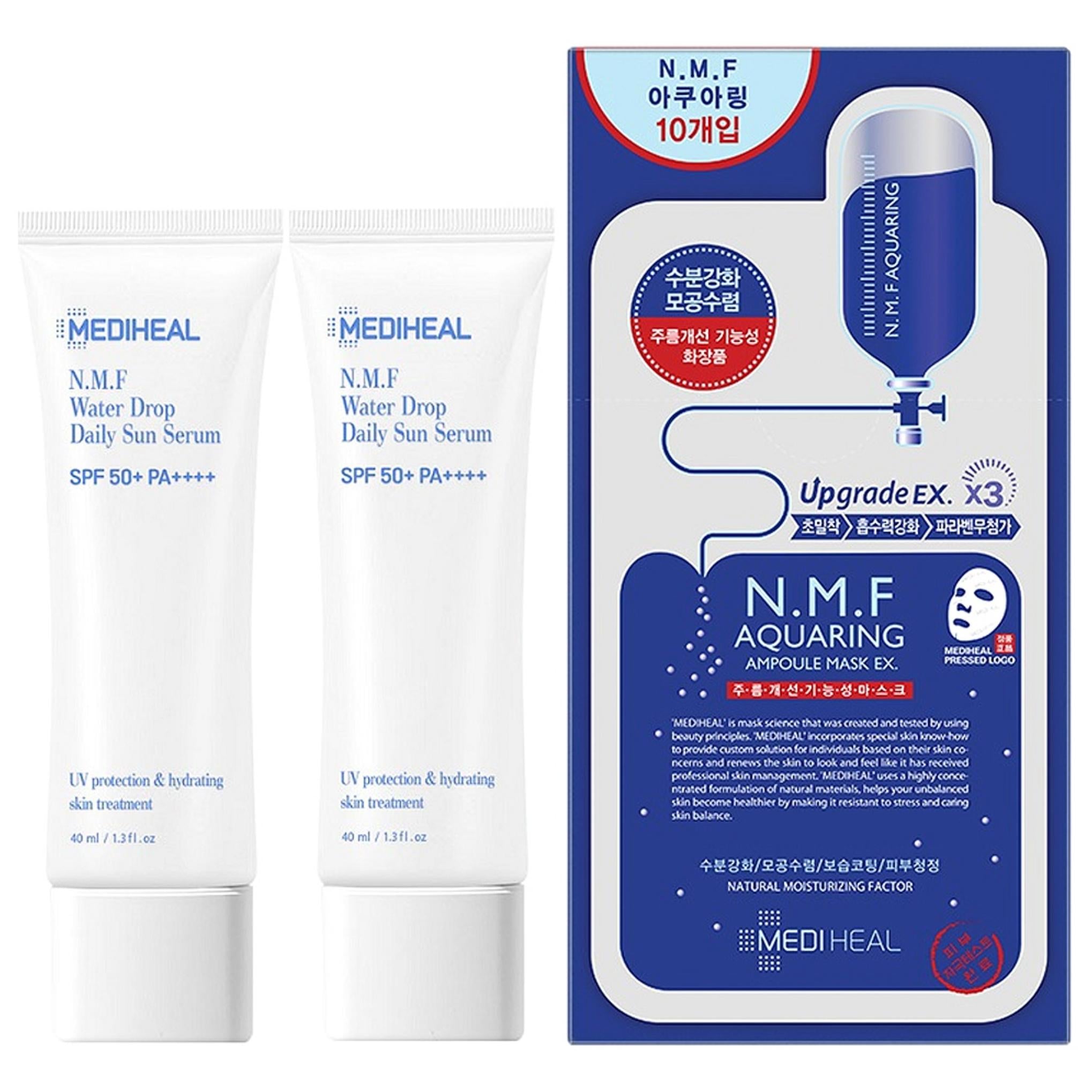 Mediheal N.M.F Солнцезащитная сыворотка SPF50+ PA++++ 40млx2 + Набор масок 27млx10 Специальный набор