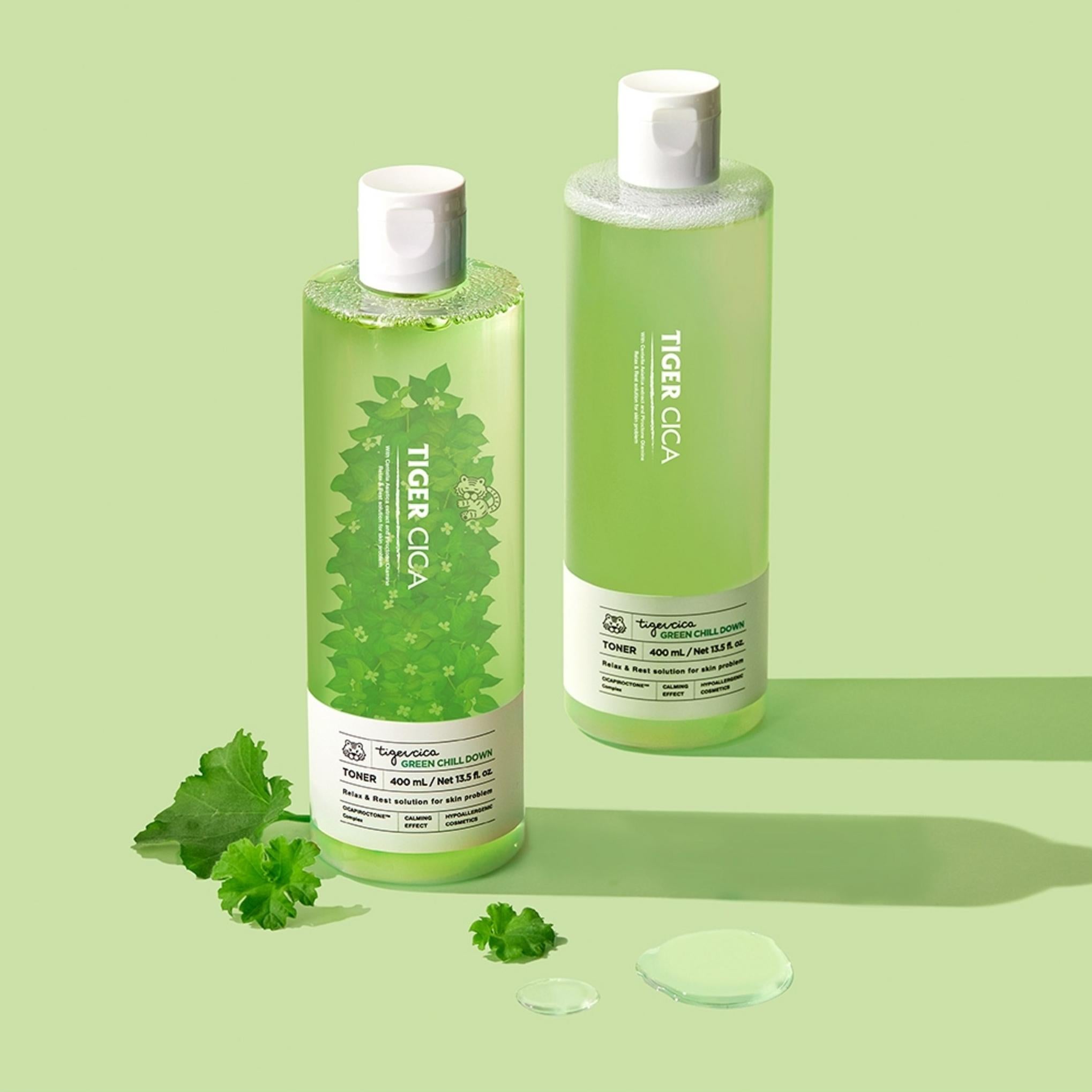 É o toner Tiger Cica Green Chill Down para a pele