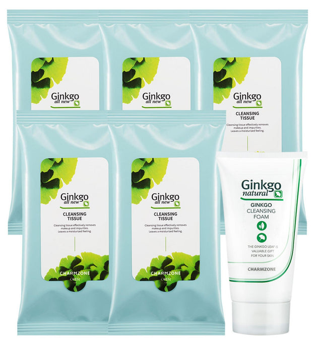Charm Zone Ginkgo All New Cleansing Tissue 10 sheets x 5pcs + Ginkgo Cleansing Foam 40ml