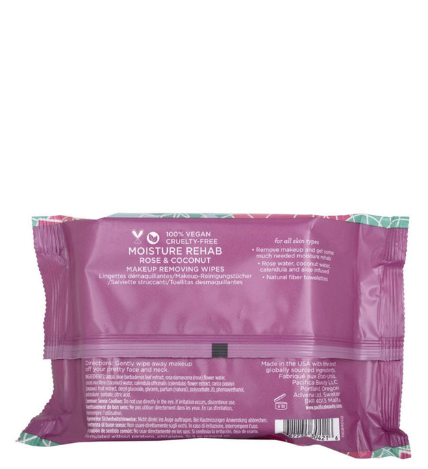 Pacifica Moisture Rehab Makeup Removing Wipes Rose & Coconut Vegan 17.8 x 17.8cm