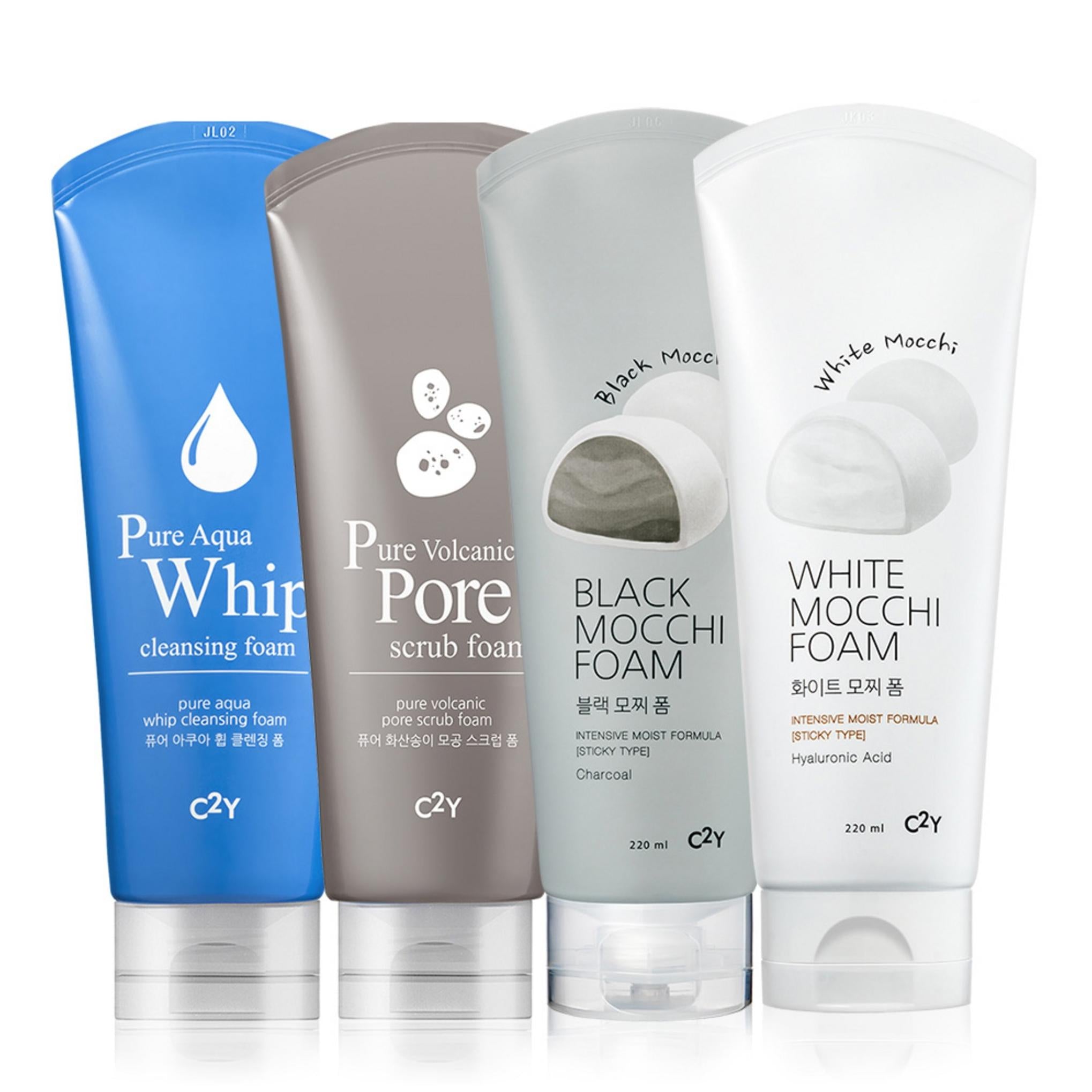 مجموعة C2Y Pure Aqua Whip Foam للتنظيف 220 مل + رغوة مقشرة بركانية للمسام 220 مل + رغوة موتشي بيضاء 220 مل + مجموعة رغوة موتشي سوداء 220 مل