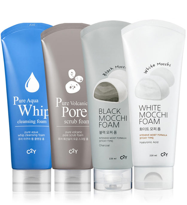 C2Y Pure Aqua Whip Foam Cleansing 220ml + Volcanic Pore Scrub Foam 220ml + White Mochi Foam 220ml + Black Mochi Foam 220ml Set