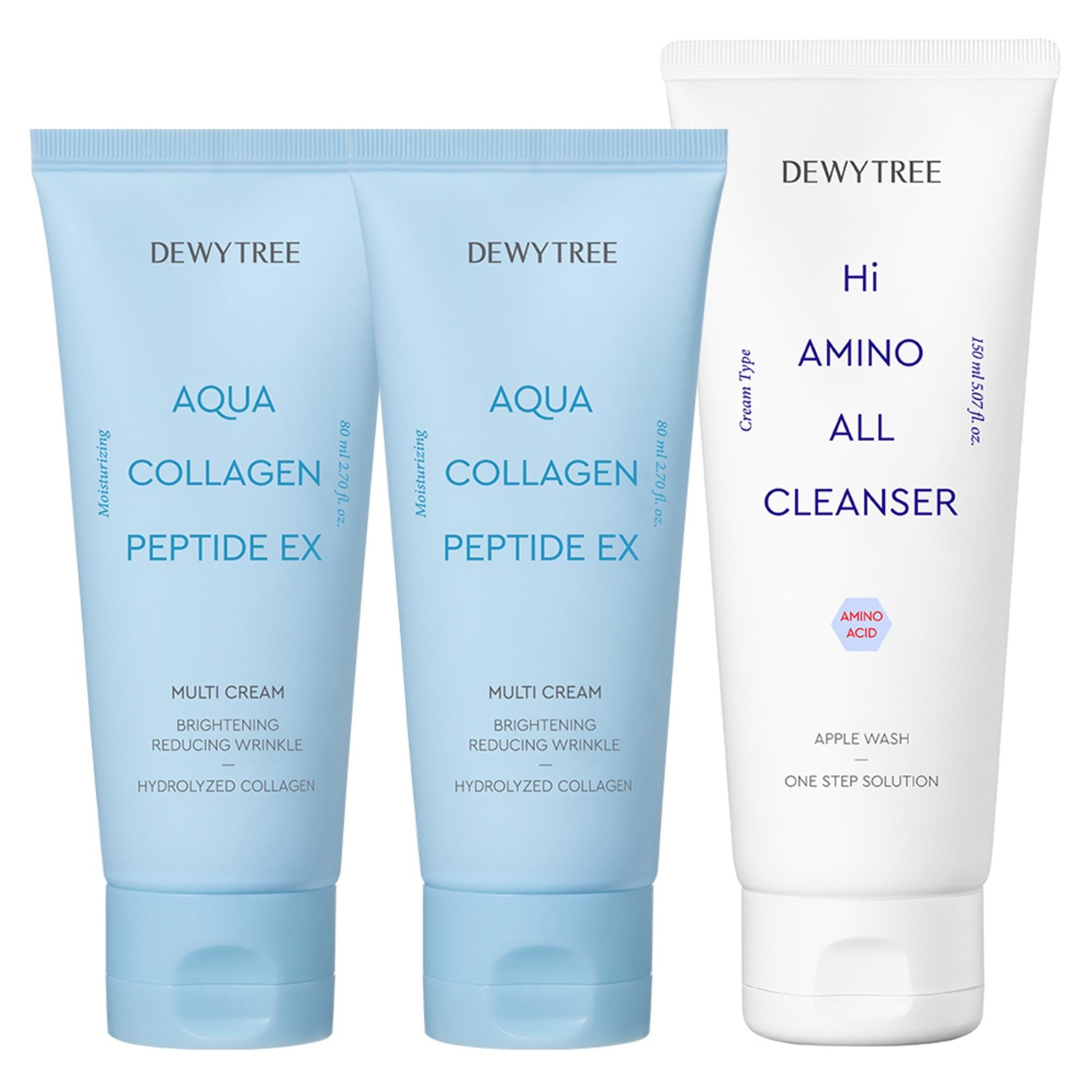 Dewytree Aqua Collagen Peptide EX Multi Cream 80ml x 2p + High Amino All Cleanser 150ml Set
