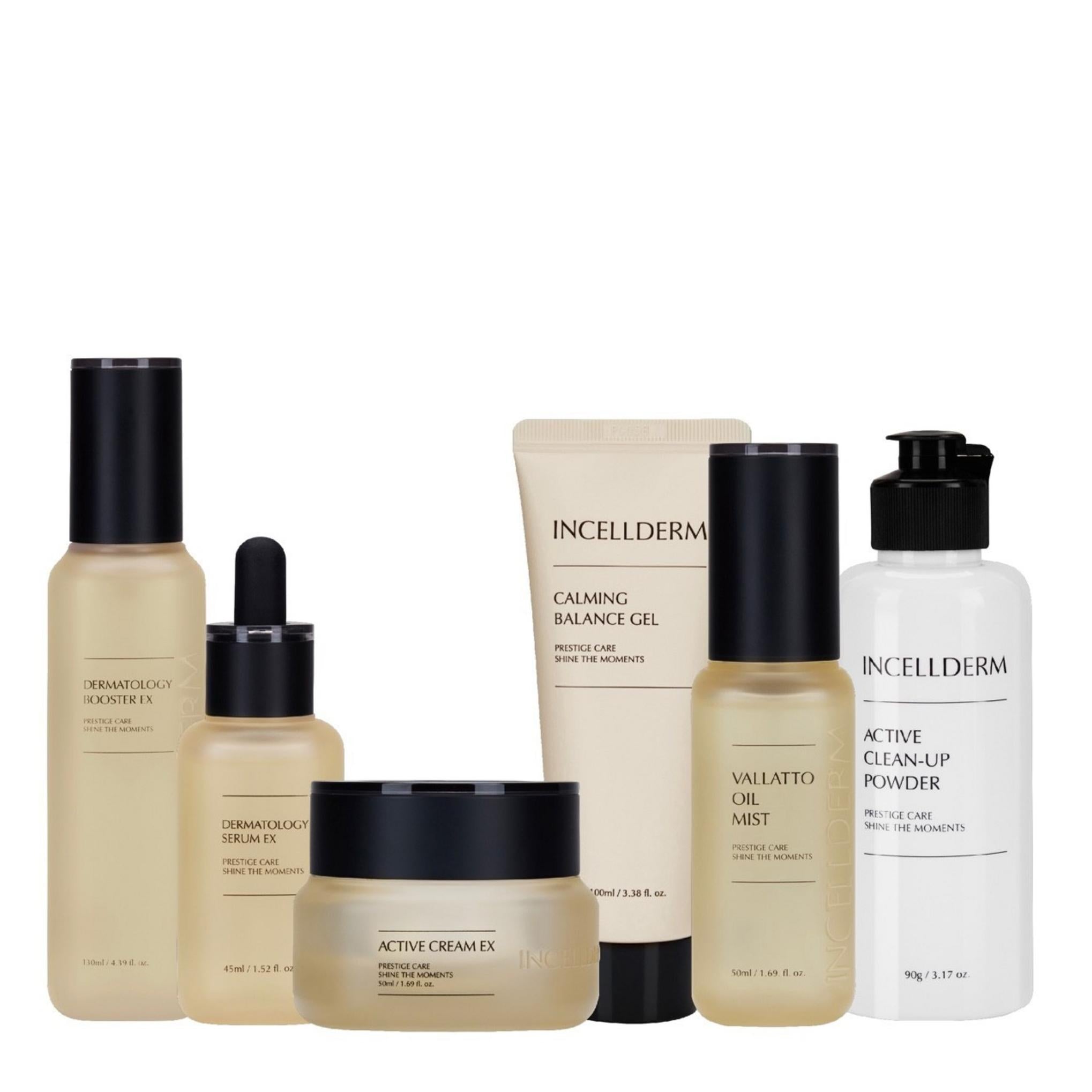 Conjunto de 6 peças Incellderm (Impulsionador Dermatológico + Sérum + Creme Ativo + Névoa de Óleo + Gel Calmante Equilibrante + Pó de Limpeza)