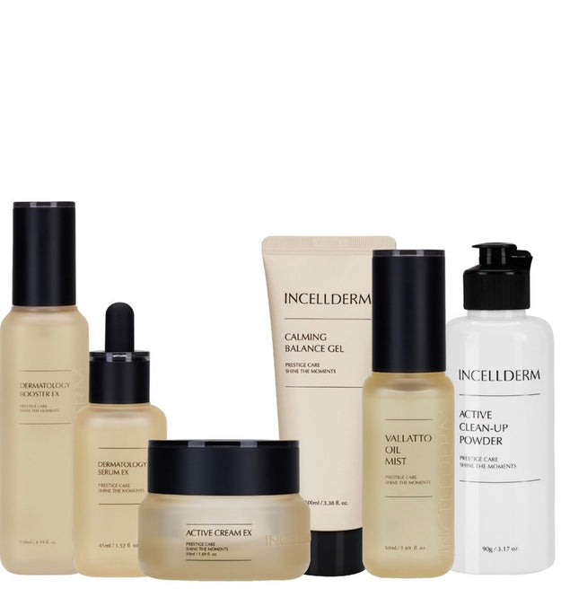 Incellderm 6-piece set product (Dermatology Booster + Serum + Active Cream + Oil Mist + Calming Balance Gel + Cleanup Powder)