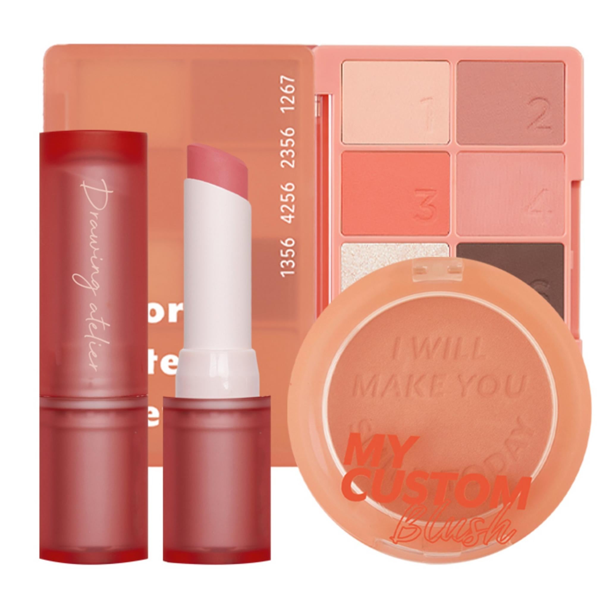 I'M MEME Valentine Fresh Juicy Spring Tavolozza trucco dai toni caldi 01 Motivo corallo + Blush 02 Bare Peach 6 g + Rossetto 07 Koji 3,5 g Set