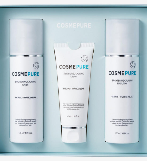 (تبييض مهدئ) مجموعة Cosme Pure Brightening Calming / كريم مستحلب التونر مجموعة مكونة من 3 قطع
