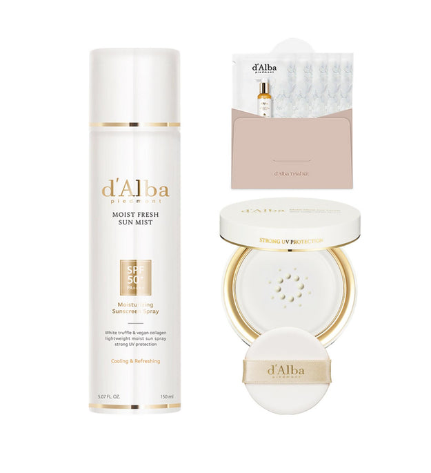 Dalba Moist Glow Sérum Solaire Pact Type SPF50+ PA++++ 13 ml + Brume Solaire Fraîche Moist 150 ml + Sérum Nettoyant 3 ml x 5p Coffret