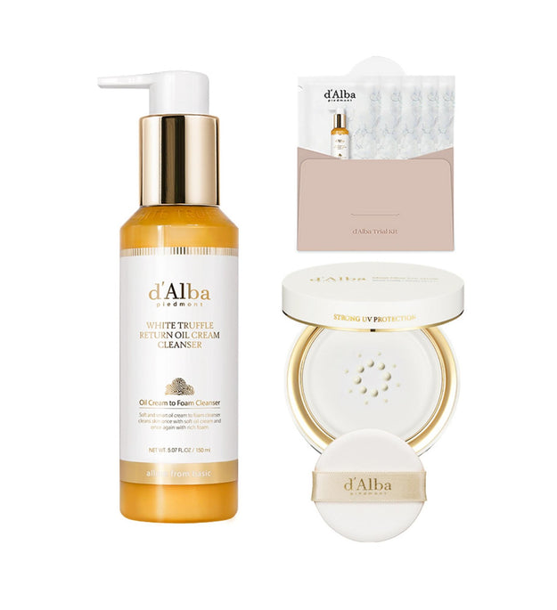 Dalba Moist Glow Sérum Solaire Pact Type SPF50+ PA++++ 13 ml + Crème Nettoyante à l'Huile de Retour de Truffe Blanche 150 ml + Sérum Nettoyant 3 ml x 5p Coffret