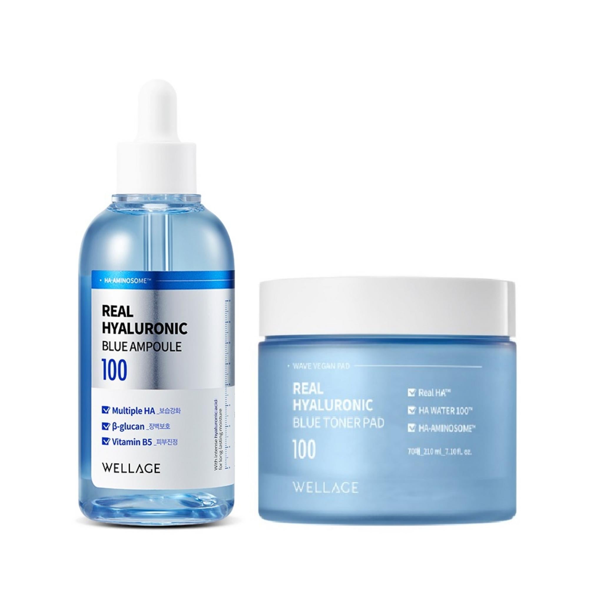 Wellage Real Hyaluronic Blue 100 Ampoule 100ml + Blue Toner Pad 70 Sheets 210ml Set