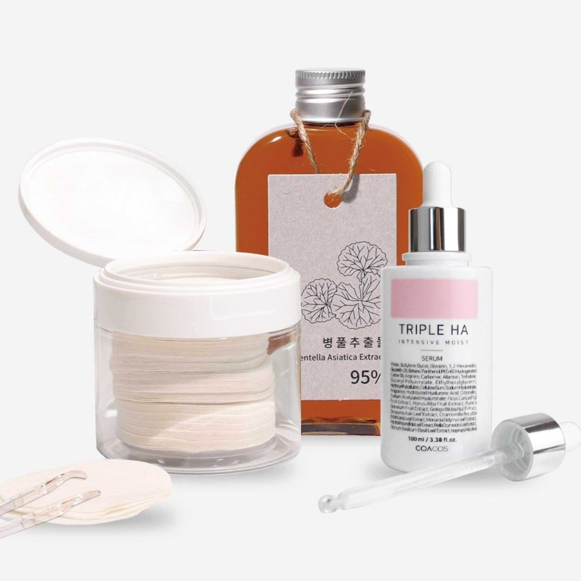 Ensemble de coussinets apaisants Coacos Hot Summer Cica / Extrait de Centella Asiatica 200 ml + Sérum Coacos Triple Ha 100 ml + Coussin Crossel 100 feuilles