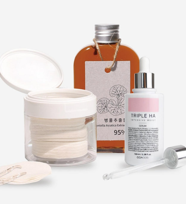 Coacos Hot Summer Cica Soothing Pad Set / Centella Asiatica Extract 200ml + Coacos Triple Ha Serum 100ml + Crossel Pad 100 Sheets