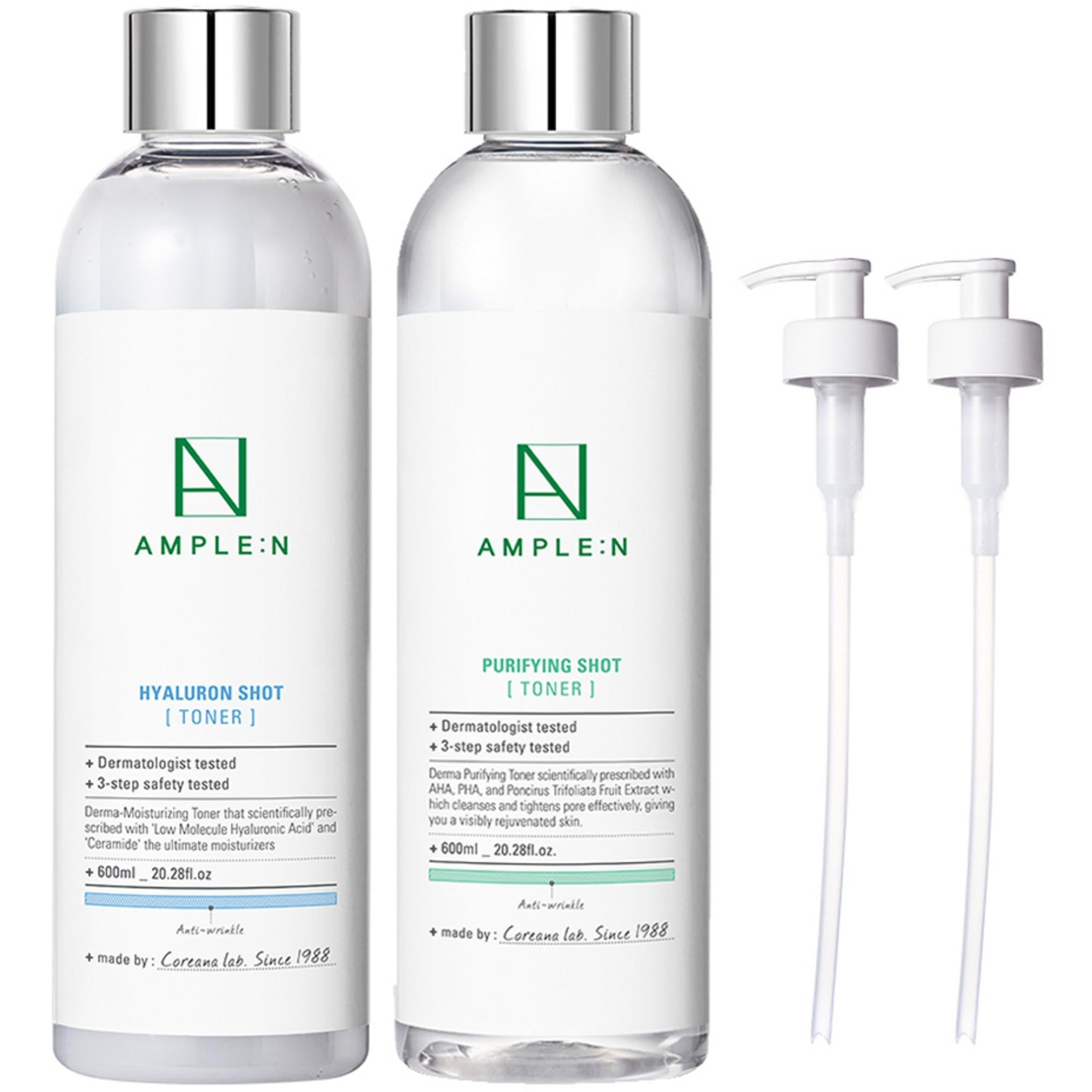 Coreana アンプル N ヒアルロン ショット トナー 大容量 600ml + ピューリファイング ショット トナー 大容量 600ml + トナーポンプ