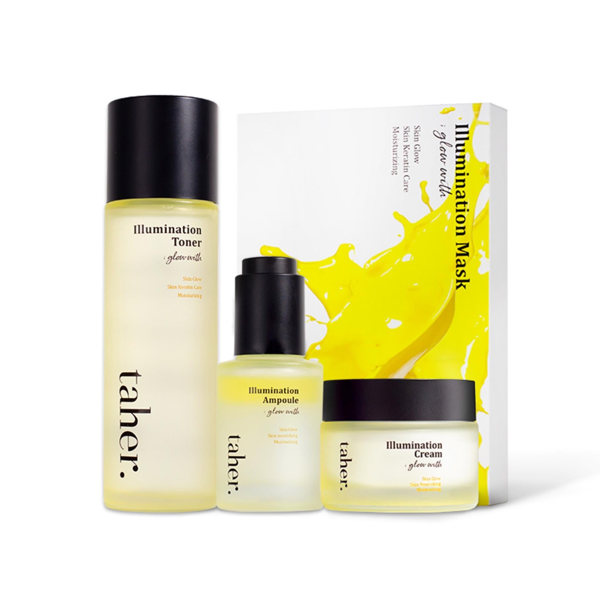 Taher Iluminação Glow com Tónico de Cuidados de Pele + Ampola + Creme + Pack de Máscaras 5p Conjunto