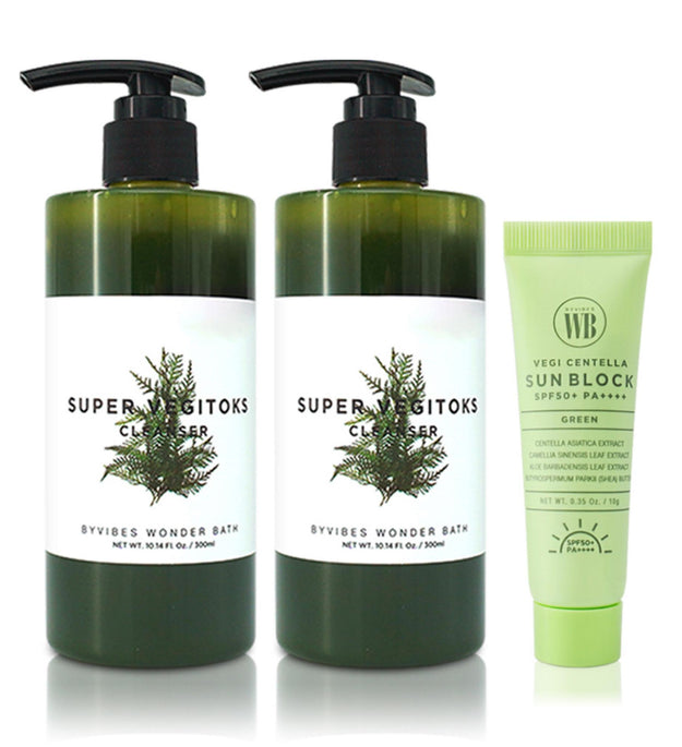 Wonder Bath Super Vegetox Cleanser Green 300ml x 2p + Veggie Centella Sunblock 10g Set