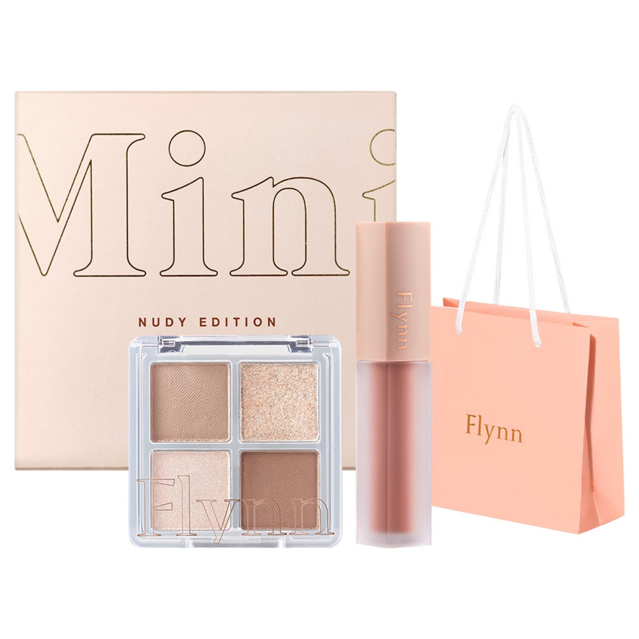 Палетка теней для век Flynn Mini Nudie Edition Demuir 01 Nude Poet + Mini Addiction Velvet Tint 204 French Beige + Сумка для покупок Flynn
