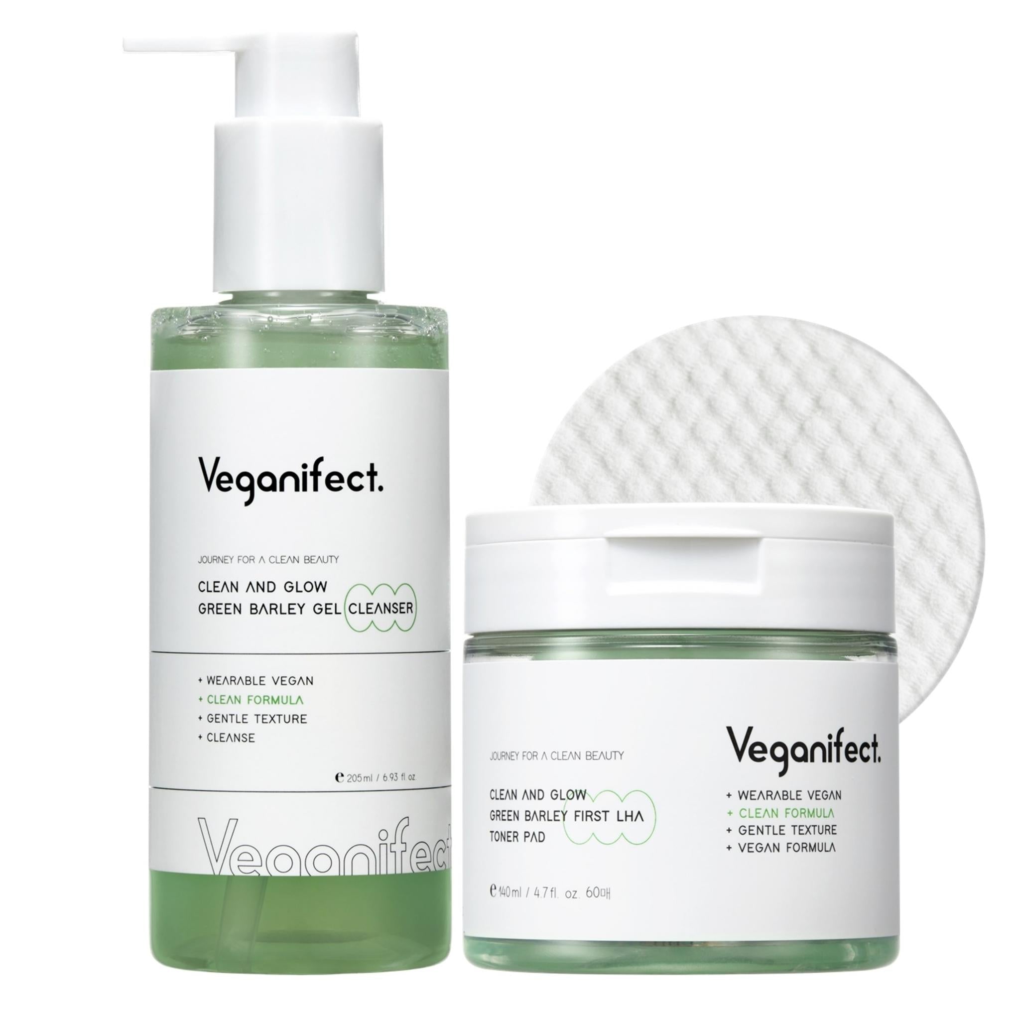 Vegan Effect Clean & Glow Green Barley Gel Cleanser, 205 мл + тоник Green Barley First Laha, 140 мл, набор из 2 шт.