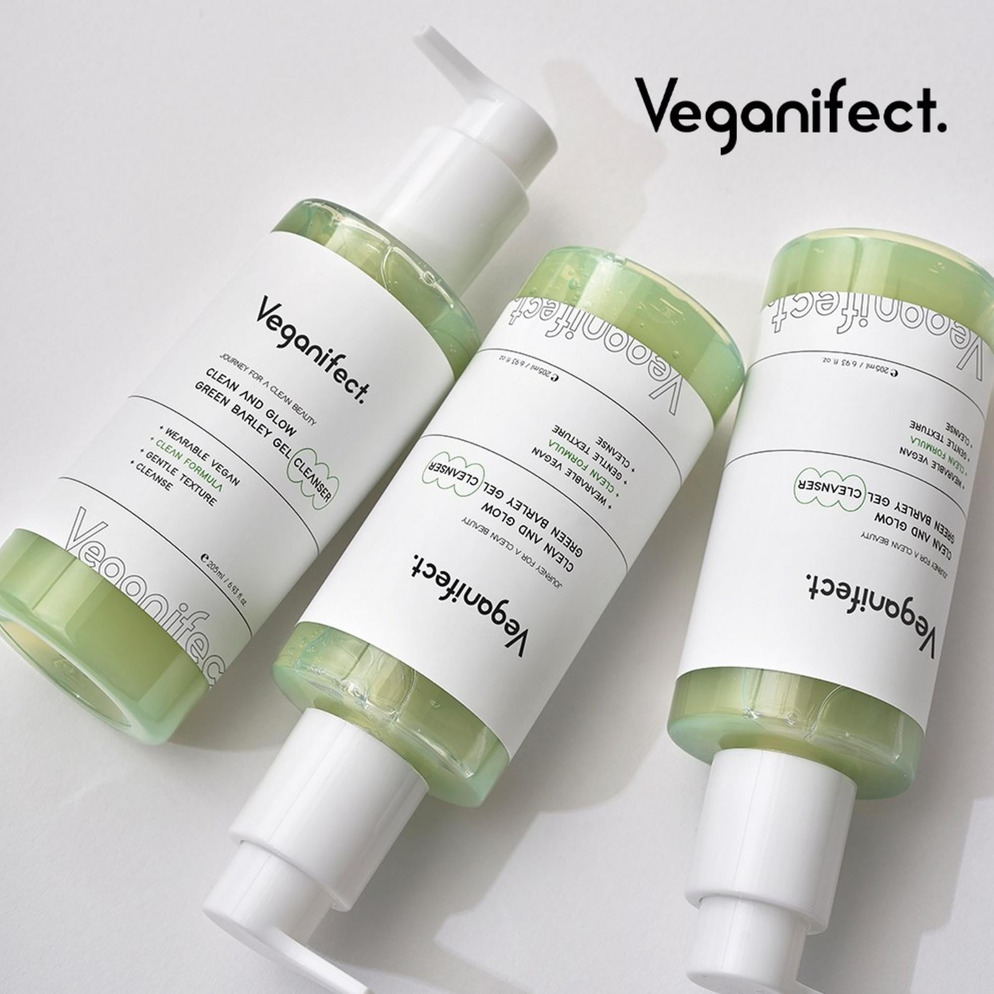 Vegan Effect Clean & Glow Green Barley Gel Cleanser, 205 мл + тоник Green Barley First Laha, 140 мл, набор из 2 шт.
