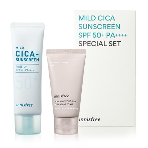 Innisfree True Mild Cica Protector solar inorgánico SPF50+ PA++++ 50 ml + Espuma limpiadora Volcanic Pore BHA 50 g