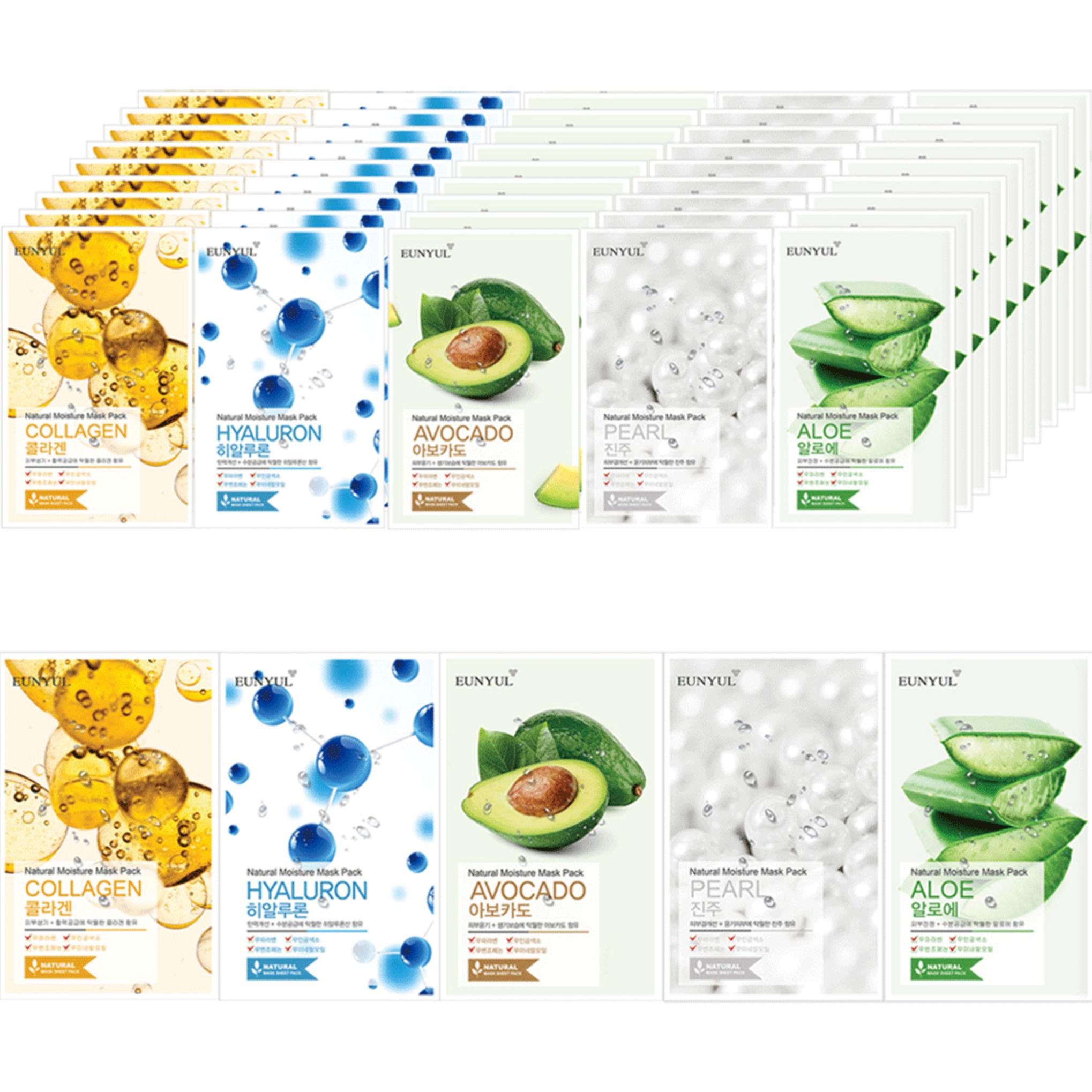 Eunyul Natural Mask Pack Aloe 10p + Kollagen 10p + Perle 10p + Hyaluron 10p + Avocado 10p