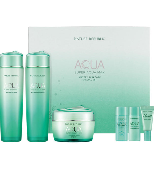 Nature Republic Super Aqua Max Moisture Toner 150ml + 20ml + Emulsion 150ml + 20ml + Cream 80ml + Essence 5ml